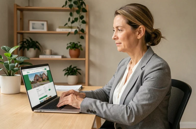 Femme accédant à son espace client MyFoncia sur un ordinateur portable dans un bureau à domicile moderne