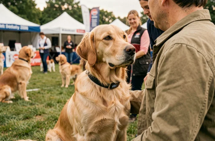 Chien golden retriever avec son propriétaire lors d'un événement canin en 2024, tendances et actualités du monde canin