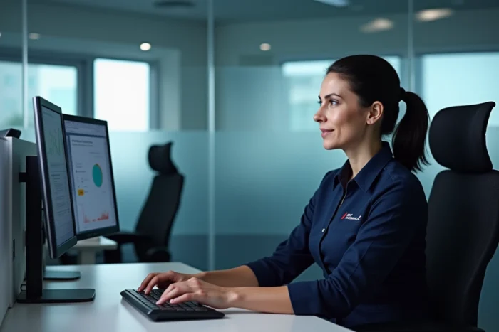 Agent Air France en uniforme accédant aux outils IPN sur un poste de travail informatique en bureau aéroportuaire