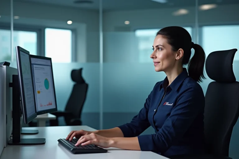 Agent Air France en uniforme accédant aux outils IPN sur un poste de travail informatique en bureau aéroportuaire