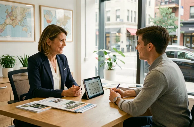 Agent immobilière conseillant un couple dans une agence immobilière moderne avec brochures et tablette sur le bureau