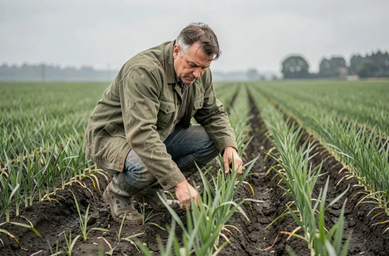 Agriculteur inspecte des jeunes pousses de blé dans un champ de campagne française, tendances agricoles modernes