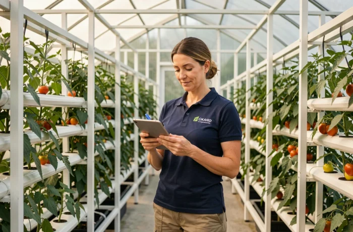Agronome féminine prenant des notes dans une serre hydroponique moderne, innovation et actualités agricoles