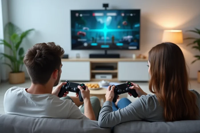 Deux amis jouant en mode multijoueur sur console dans un salon moderne et confortable