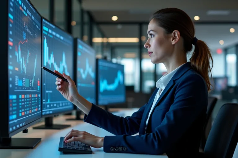 Analyste financière travaillant sur des écrans de trading avec des graphiques boursiers dans un bureau fintech moderne