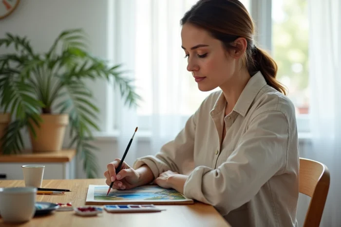 Une femme peignant une aquarelle sur un format carte postale, entourée de pinceaux et d'une palette de couleurs sur une table en bois