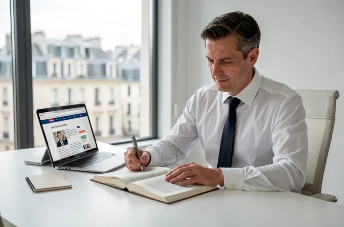 Avocat français consultant l'article 515 du code civil dans un bureau juridique moderne