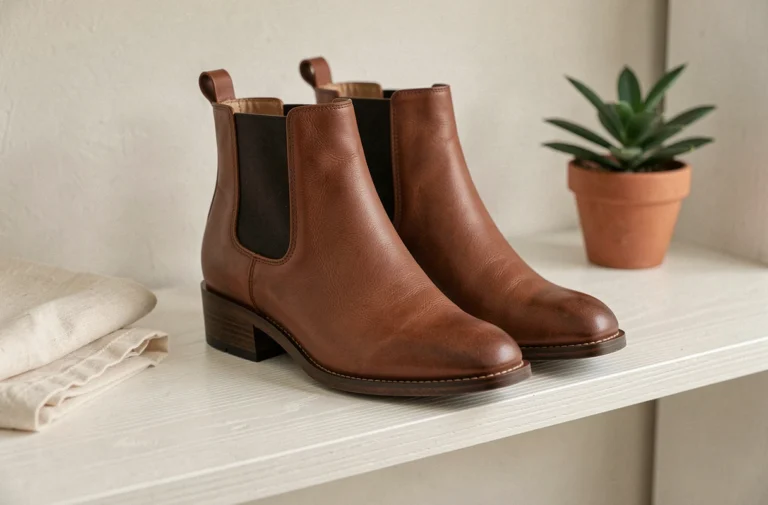 Bottines en cuir San Marina posées sur une étagère en chêne blanc avec accessoires minimalistes