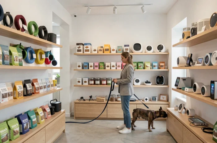 Femme en boutique animalière moderne explorant les nouvelles tendances d'accessoires pour chiens en 2024