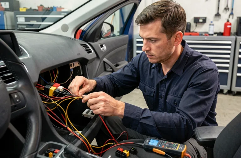 Technicien automobile connectant le faisceau de câblage d'un autoradio Peugeot derrière le tableau de bord