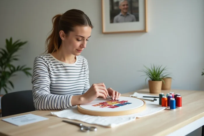 Une jeune femme réalisant une broderie moderne sur tambour, entourée de fils colorés sur un bureau épuré