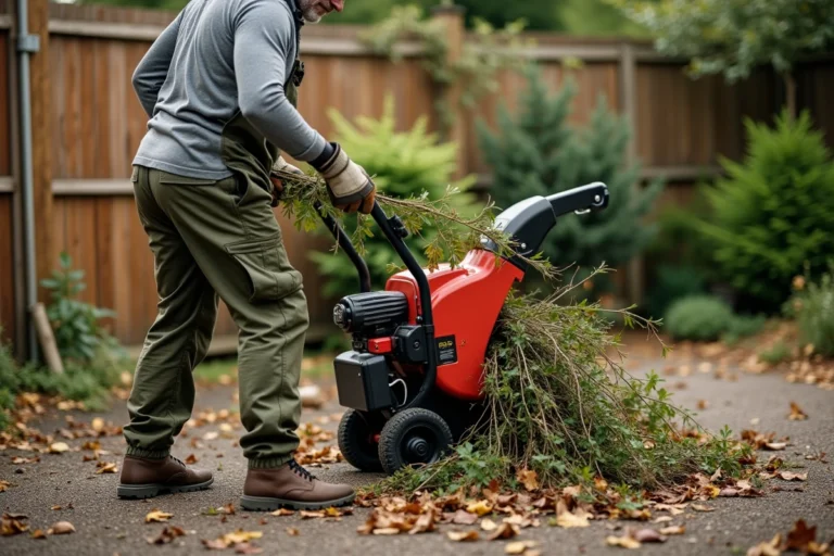 Homme utilisant un broyeur de végétaux électrique Mantis 3000W pour déchiqueter des branches dans un jardin en automne