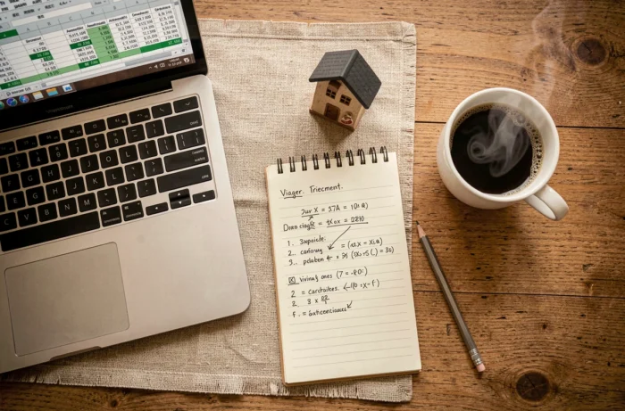 Vue aérienne d'un bureau avec tableur Excel viager, carnet de calculs et figurine maison