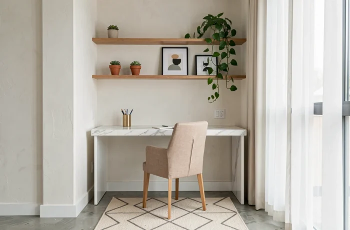 Bureau à domicile élégant avec plateau en marbre blanc, étagère en chêne et plantes vertes dans un coin lumineux pour une décoration maison inspirante