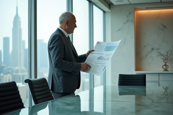 Cadre financier senior examinant des documents sur les innovations en finance technique dans une salle de réunion d'entreprise avec vue sur la ville