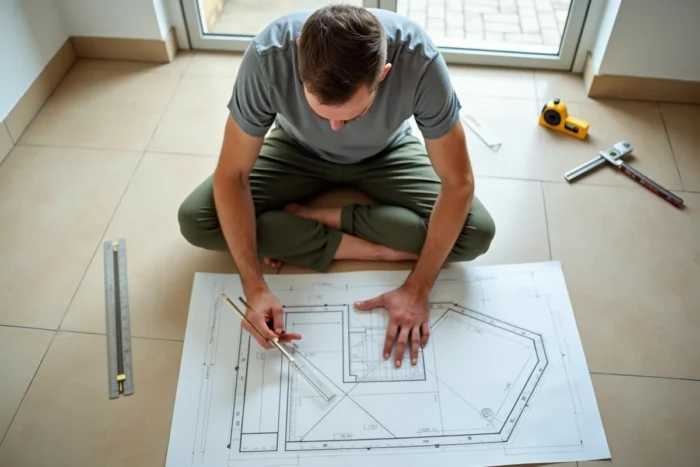 Homme calculant la surface d'une pièce irrégulière en dessinant un plan sur papier millimétré avec règle et crayon