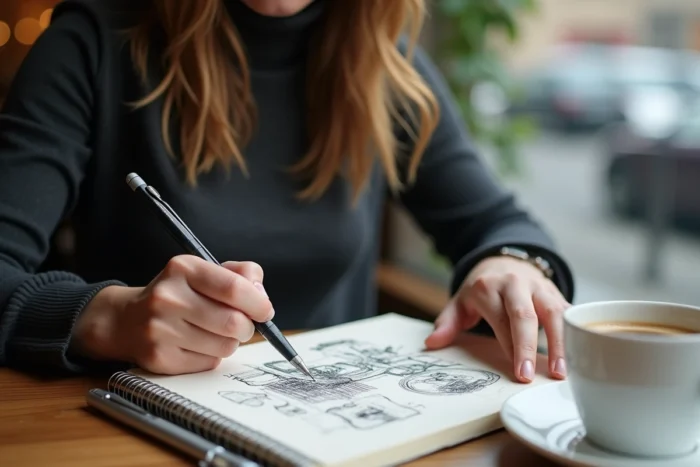 Une femme réalisant des croquis rapides au stylo dans un carnet de dessin, avec des esquisses gestuelles visibles sur la page ouverte