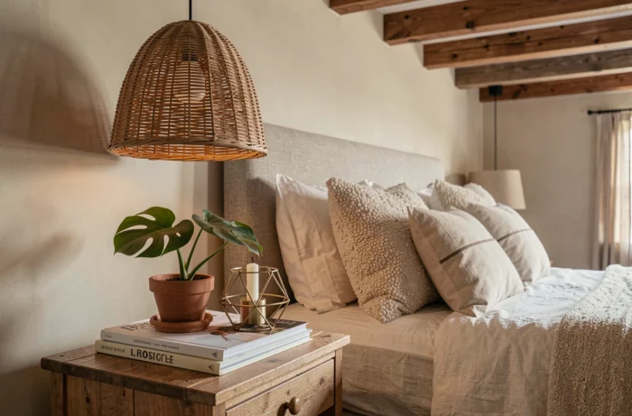 Coin chambre à coucher avec lampe en rotin, pot en terre cuite et bougeoir en laiton sur une table de chevet en bois