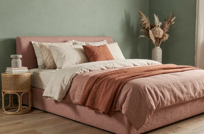 Chambre à coucher tendance avec tête de lit en bouclé rose poudré, mur vert sauge et décoration en rotin pour une ambiance douce et actuelle