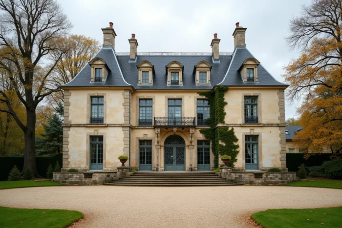 Vue extérieure du château de Groussay avec sa façade en pierre et ses jardins à la française en automne