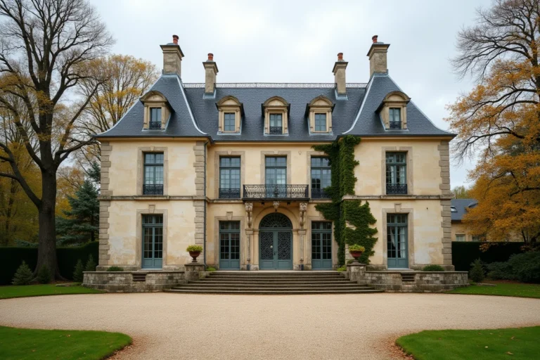 Vue extérieure du château de Groussay avec sa façade en pierre et ses jardins à la française en automne