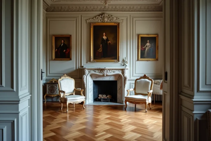 Intérieur d'un salon historique du château de Groussay avec mobilier d'époque et boiseries dorées