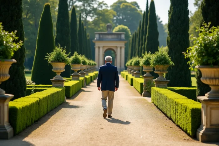 Jardins à la française du château de Groussay avec allée de buis taillés et pavillon classique en arrière-plan
