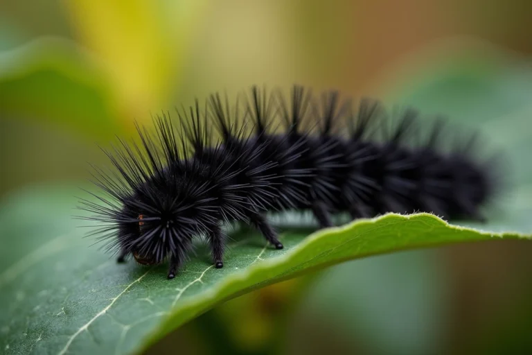 Chenille noire et poilue en gros plan sur une feuille verte dans un jardin