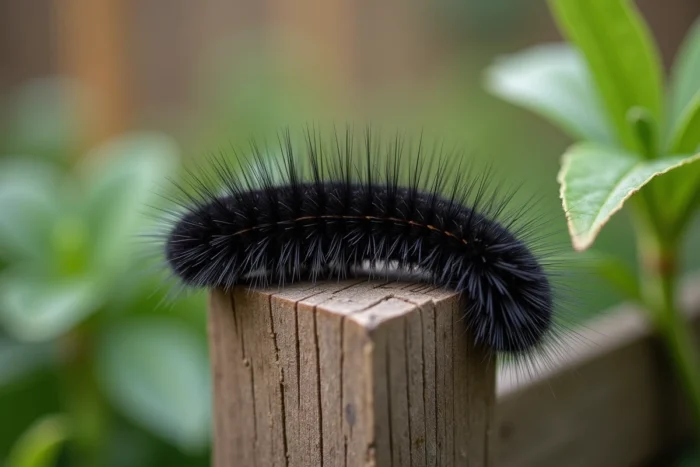 Chenille noire velue sur une clôture en bois dans un jardin verdoyant
