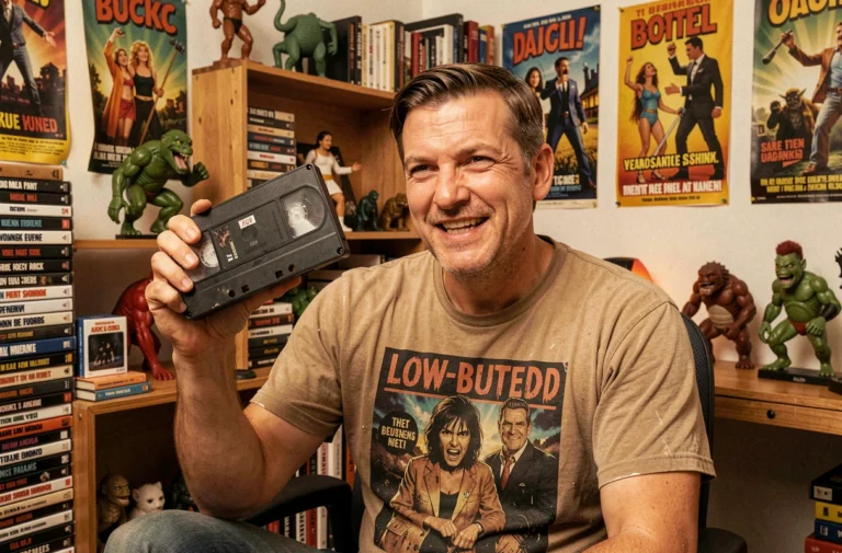 Cinéphile passionné entouré de cassettes VHS et d'affiches de films de série Z dans une salle de cinéma maison vintage