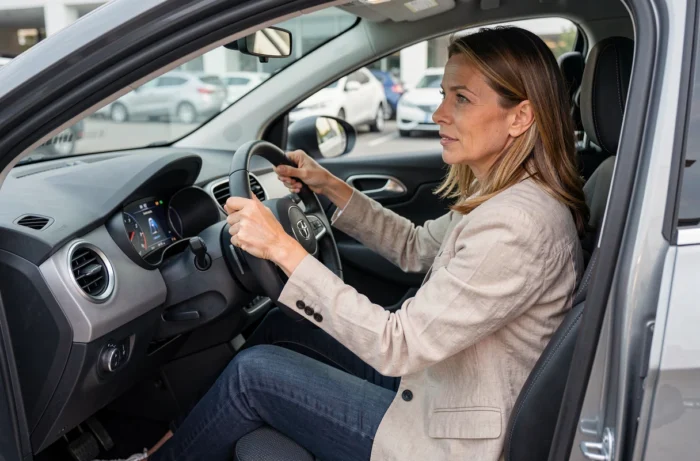 Cliente essayant une citadine neuve chez City Automobiles, assise au volant lors d'un essai