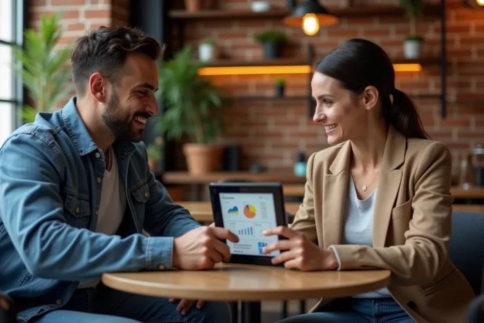 Deux entrepreneurs collaborant autour d'une tablette affichant une plateforme de gestion unifiée dans un café de travail