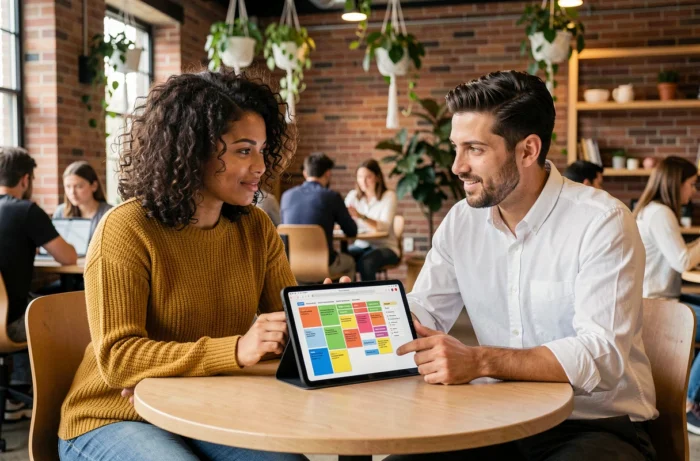 Deux collègues collaborant sur un tableau Kanban partagé dans un espace de co-working moderne