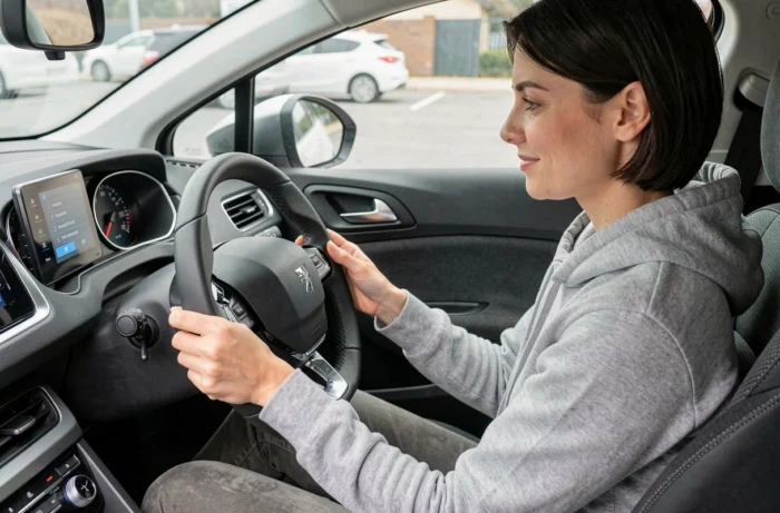 Femme testant les commandes au volant d'une Peugeot 308 après l'installation d'un autoradio aftermarket
