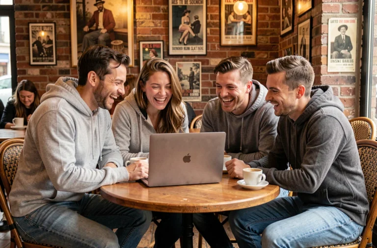 Groupe d'amis français riant ensemble autour d'un ordinateur portable dans un café parisien, illustrant la communauté humoriste de Choualbox