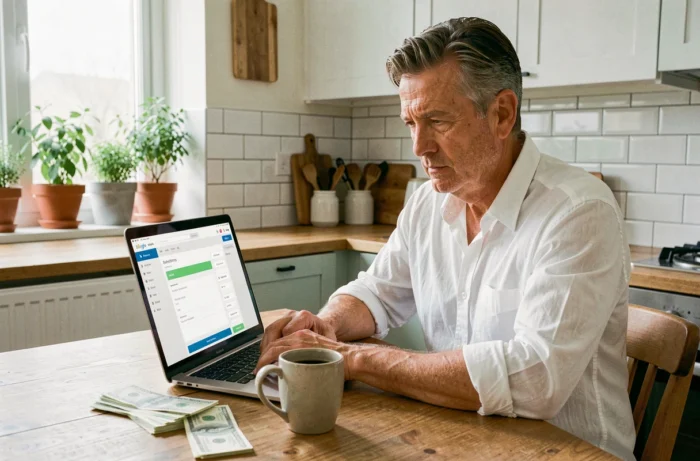 Un homme d'âge mûr compare des offres bancaires en ligne sur son ordinateur portable depuis sa cuisine