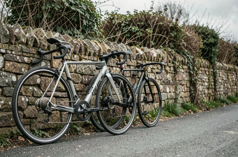 Comparaison entre un vélo de route Triban RC 120 et un gravel GRVL 120 appuyés contre un mur en pierre à la campagne