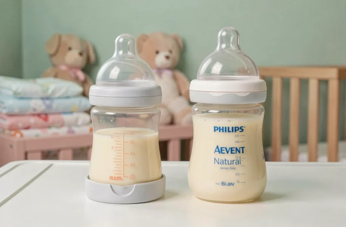 Comparaison côte à côte d'un biberon MAM et d'un biberon Avent posés sur une table à langer en nurserie