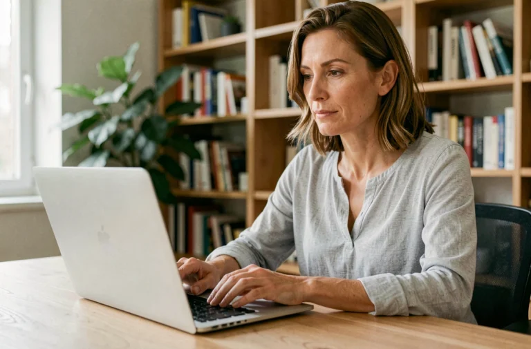 Femme connectée à sa boîte mail Akeonet sur un ordinateur portable dans un bureau à domicile
