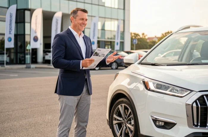 Conseiller commercial de City Automobiles présentant un SUV blanc neuf sur le parvis du concessionnaire