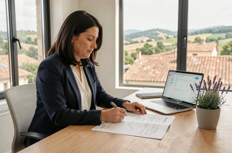 Consultante SEO analysant des rapports de référencement naturel dans un bureau moderne avec vue sur la campagne de la Drôme