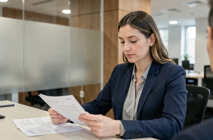 Une femme en blazer marine consulte ses documents bancaires face à un conseiller dans une agence moderne