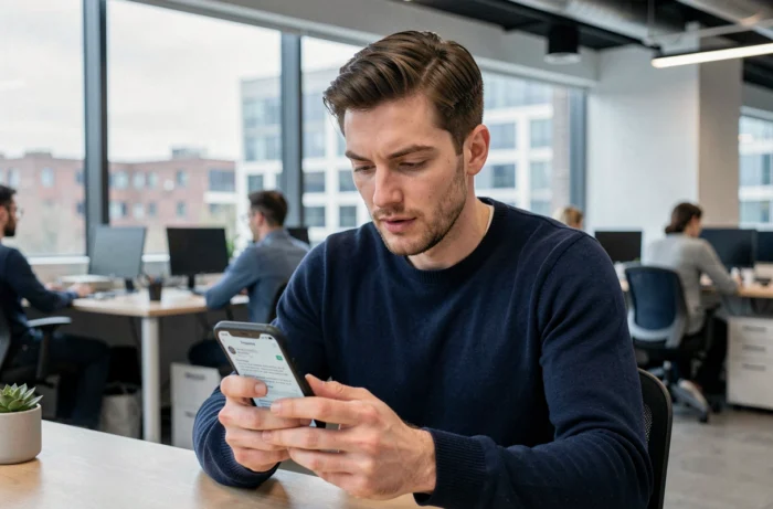 Homme consultant sa messagerie Akeonet sur smartphone dans un espace de coworking