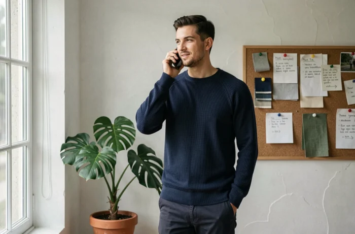 Homme contactant La Mode Éthique par téléphone depuis un bureau minimaliste à domicile