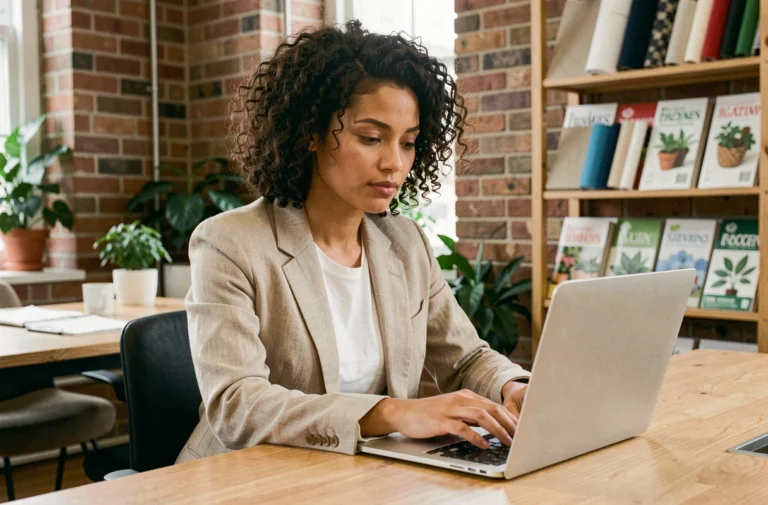 Femme contactant l'équipe de La Mode Éthique par email depuis un espace de coworking eco-responsable