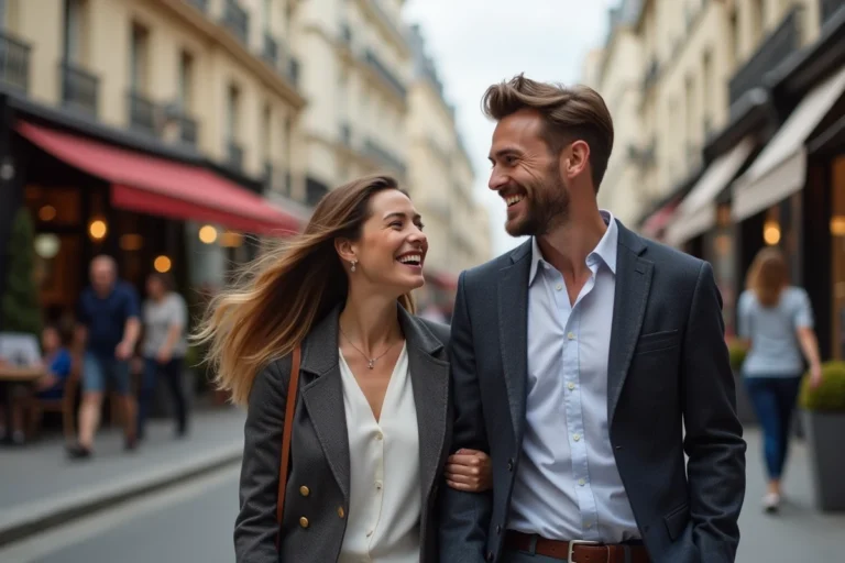 Couple élégant se promenant sur un trottoir parisien, souriant et complices, dans une atmosphère urbaine authentique