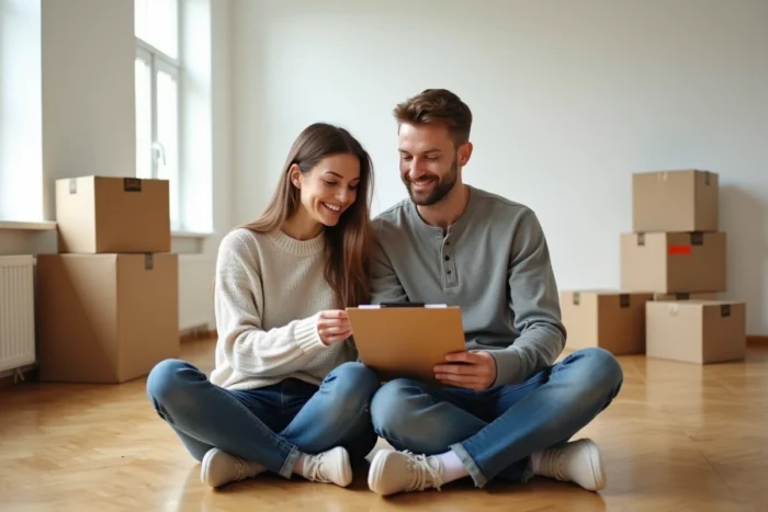 Couple consultant une liste de déménagement assis sur le parquet d'un appartement vide entouré de cartons étiquetés