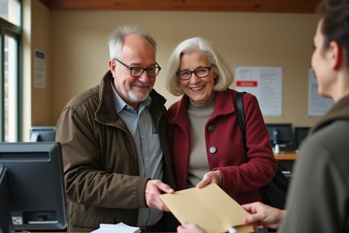 Couple de retraités envoyant leurs documents à l'Agirc-Arrco par courrier à La Poste