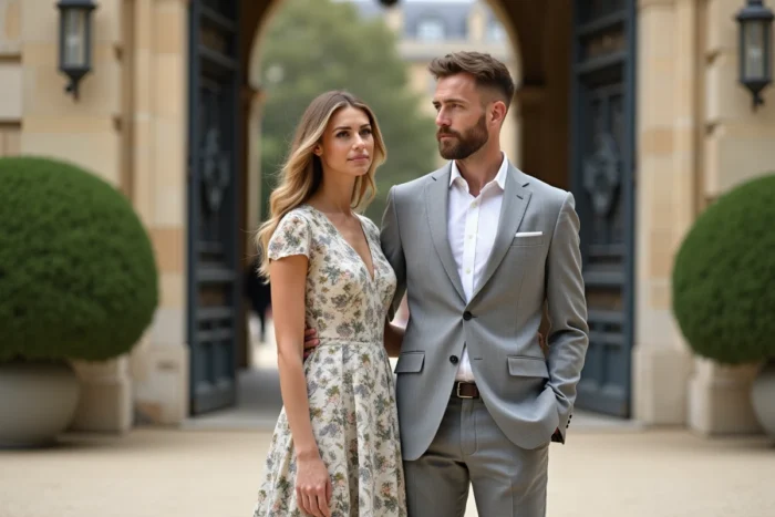 Couple distingué posant devant un monument parisien lors d'un événement culturel, élégance naturelle et complicité discrète