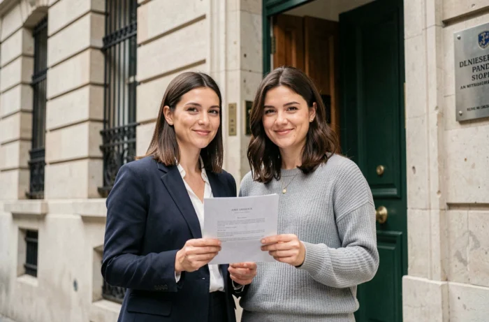 Couple féminin devant la mairie française tenant leur acte d'union légale officiel